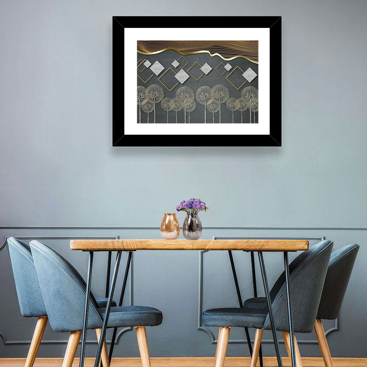Gray and Gold Dandelion Wall Art in a room, landscape