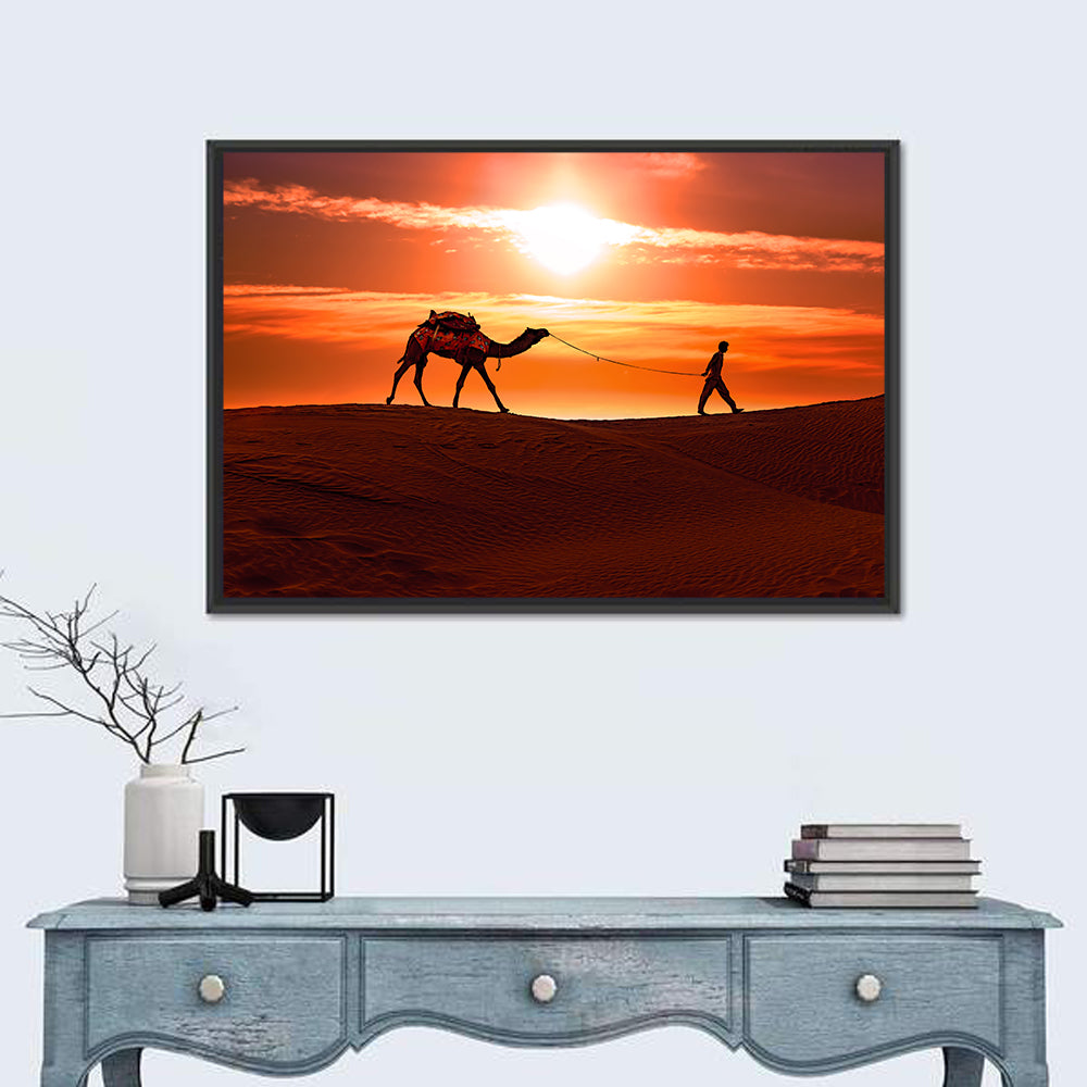 Man Leading Camel at Dusk Wall Art in a room, landscape