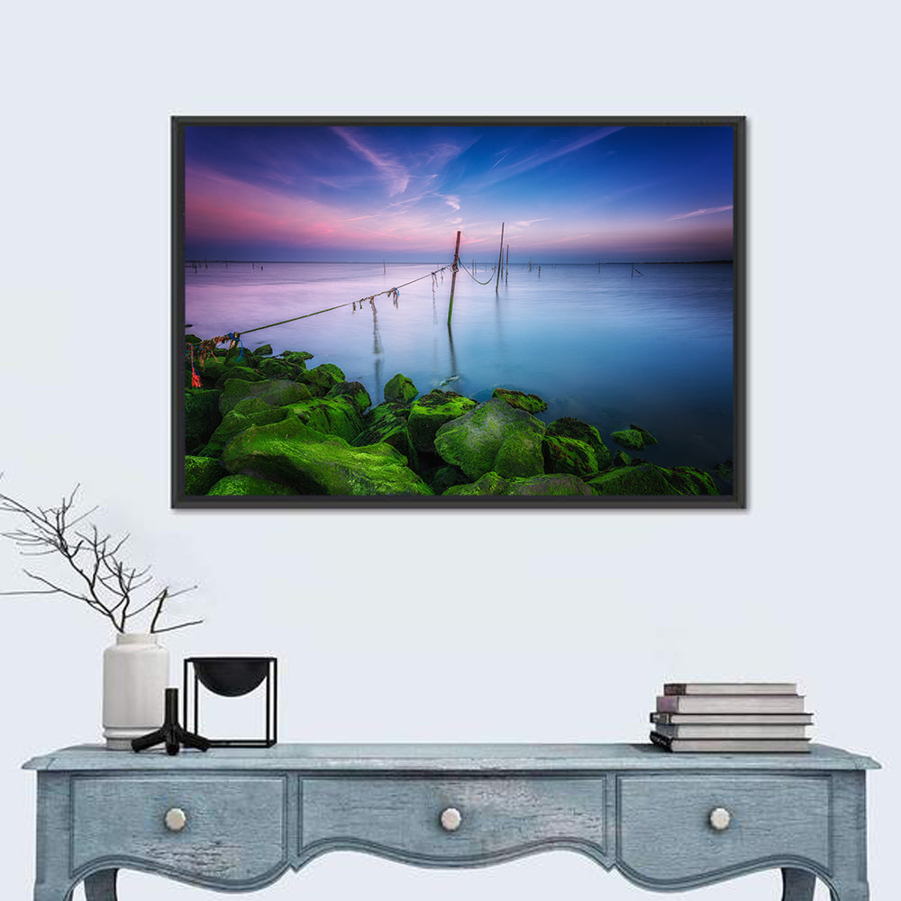 Mossy Coastal Rocks at Dusk Wall Art in a room, landscape