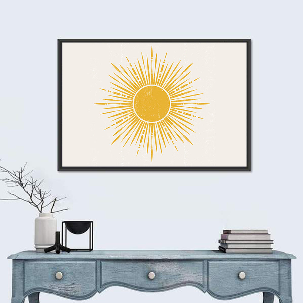Golden Sunburst Boho Minimalist Wall Art in a room, landscape