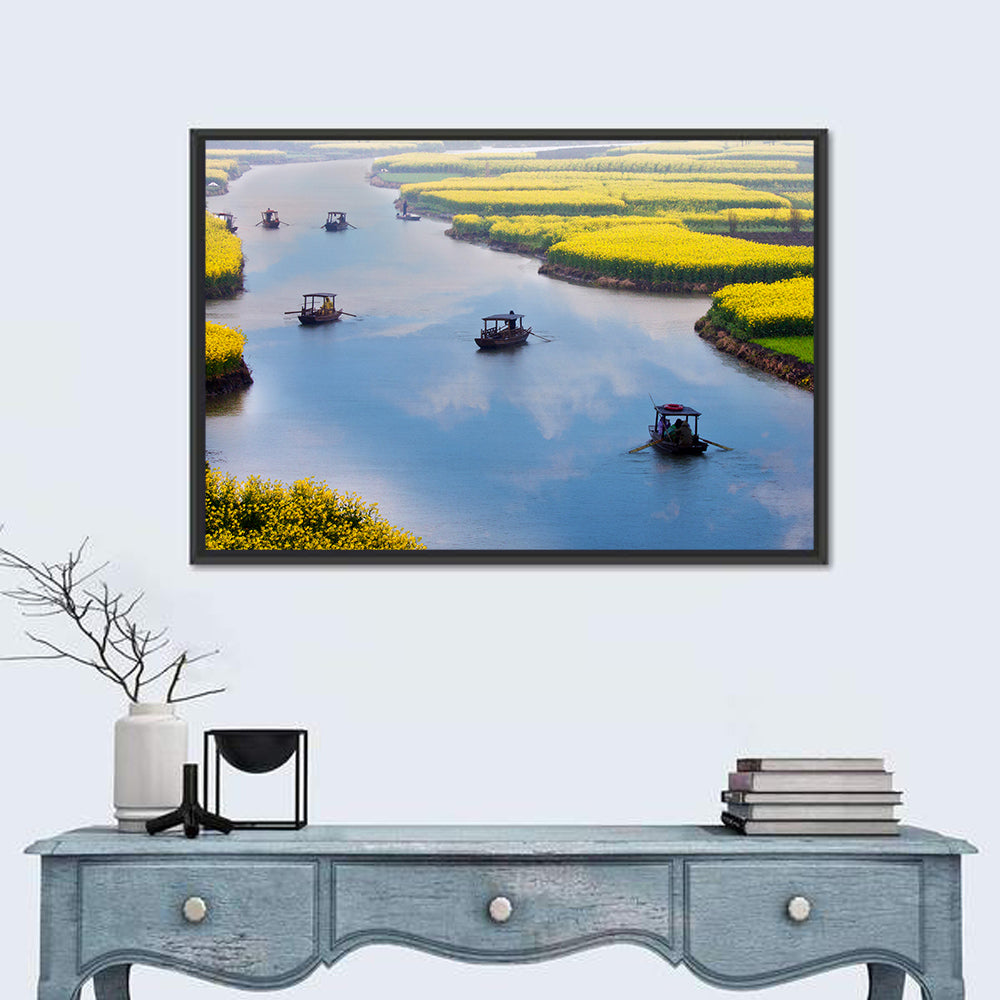 Spring River Rowboats in Rapeseed Fields Wall Art in a room, landscape