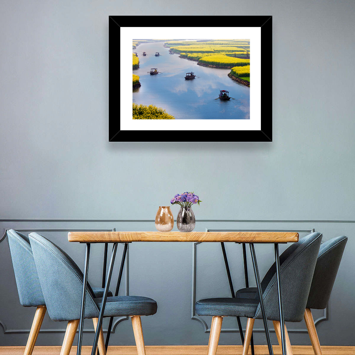 Spring River Rowboats in Rapeseed Fields Wall Art