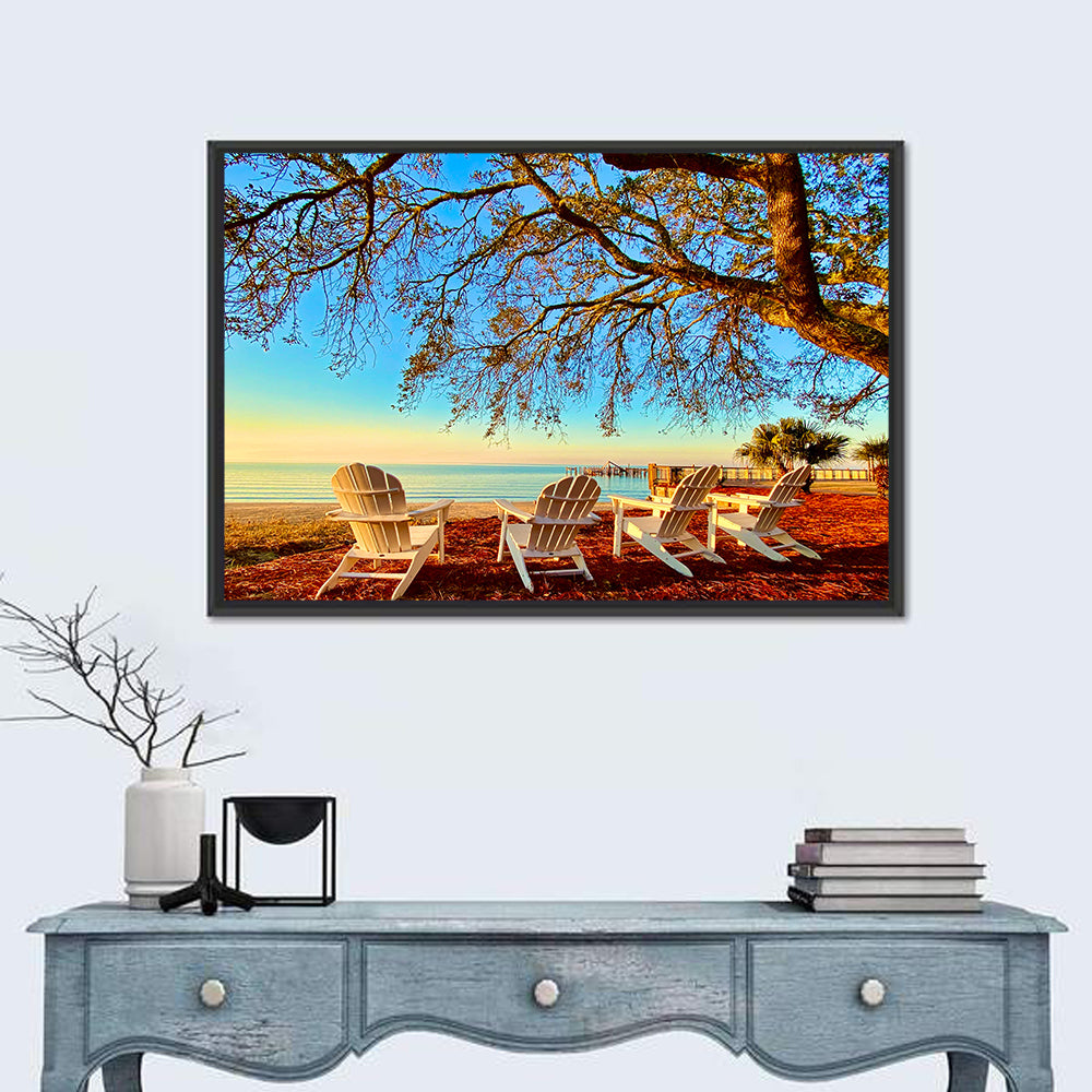 Mobile Bay Adirondack Chairs at Sunrise Wall Art