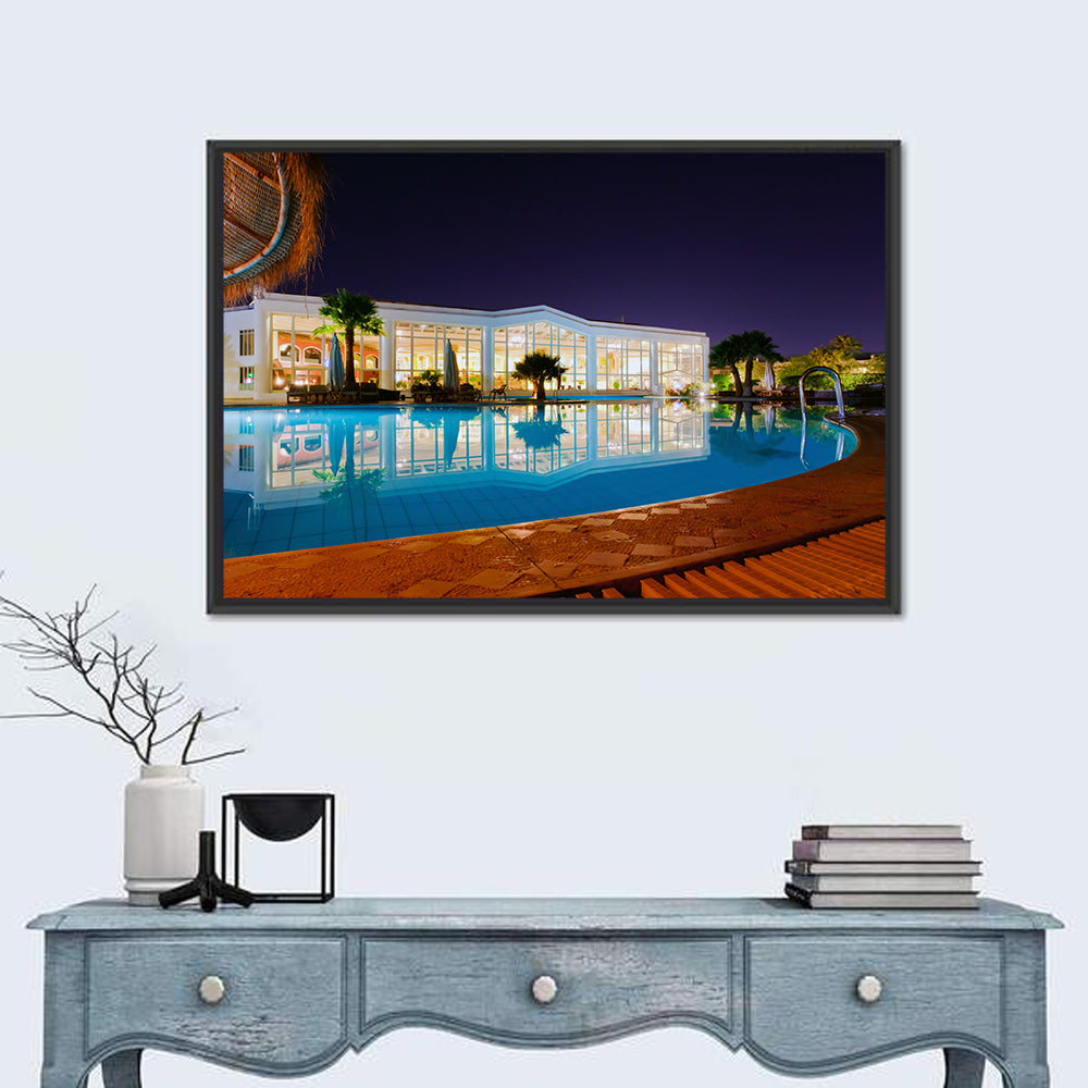 Moonlit Resort Pool Reflection Wall Art in a room, landscape