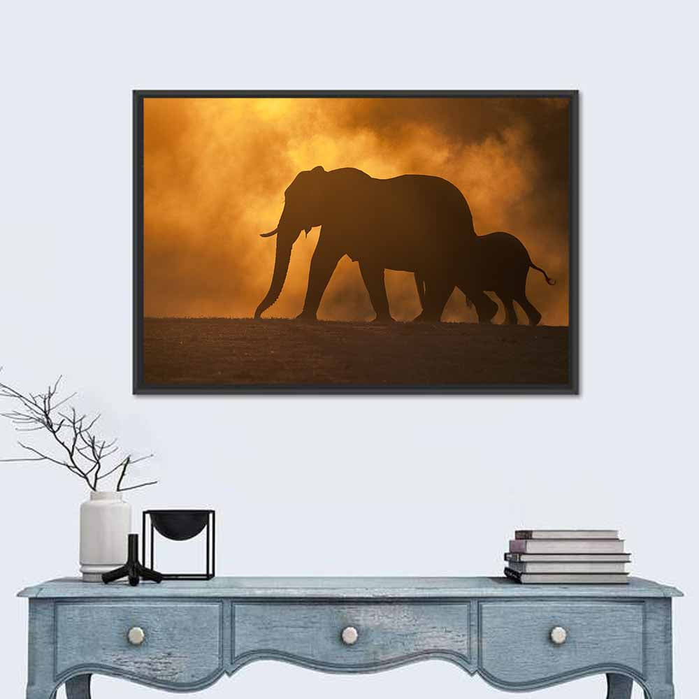 African Elephant Silhouette at Dusk Wall Art in a room, landscape