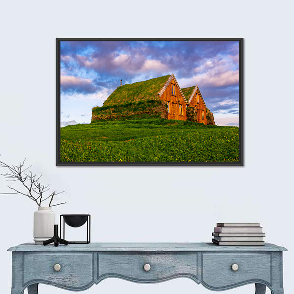 Icelandic Turf Houses at Dusk Wall Art in a room, landscape