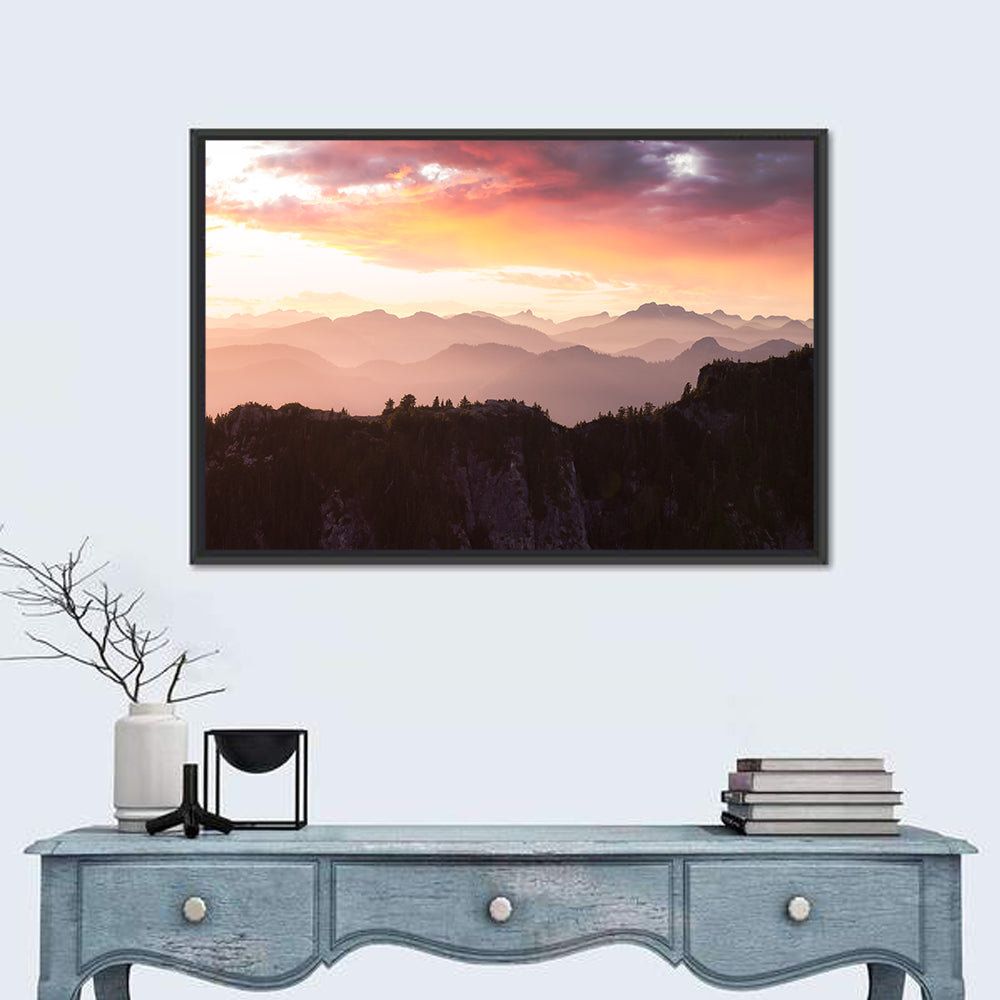 Vancouver Mountains at Sunset Wall Art in a room, landscape