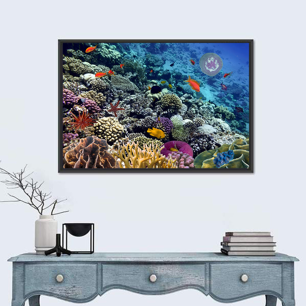 Vibrant Coral Reef Scene Wall Art in a room, landscape