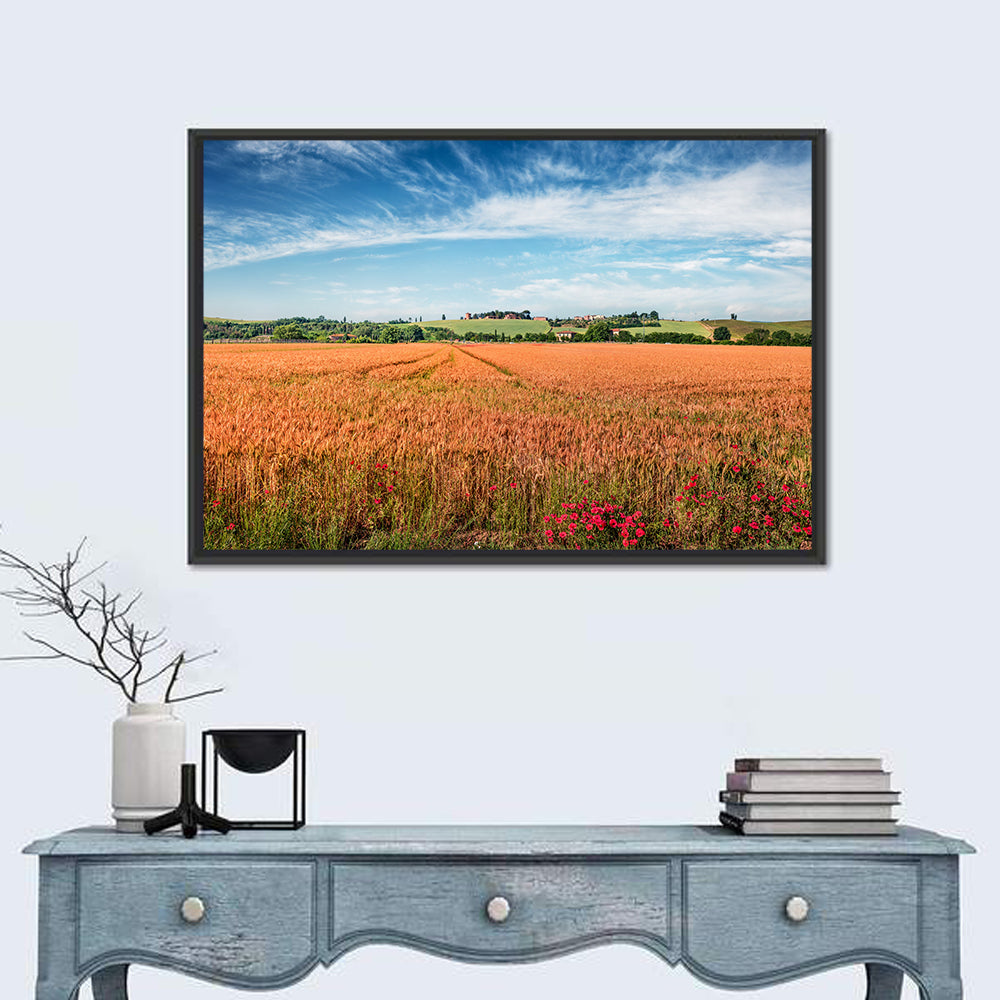 Golden Wheat Field with Poppies Wall Art in a room, landscape