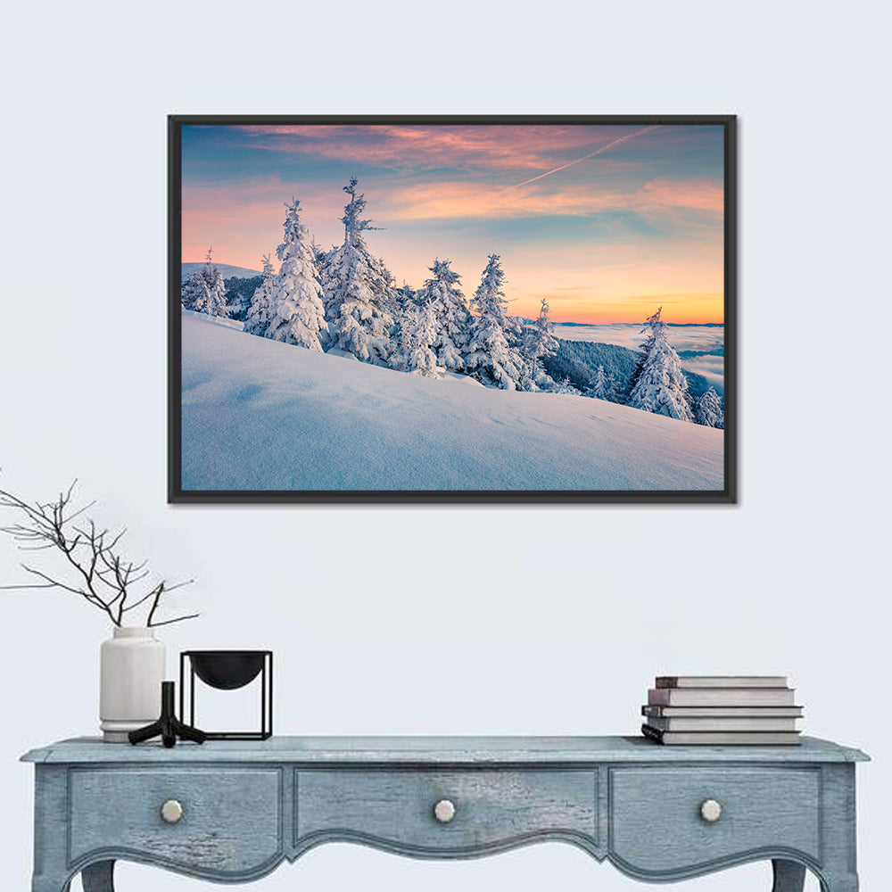 Snowy Carpathian Sunset Wall Art in a room, landscape