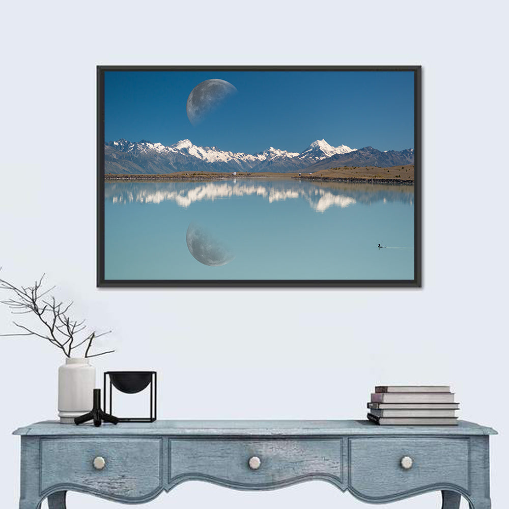 Moon Over Mt Cook and Lake Pukaki Wall Art in a room, landscape