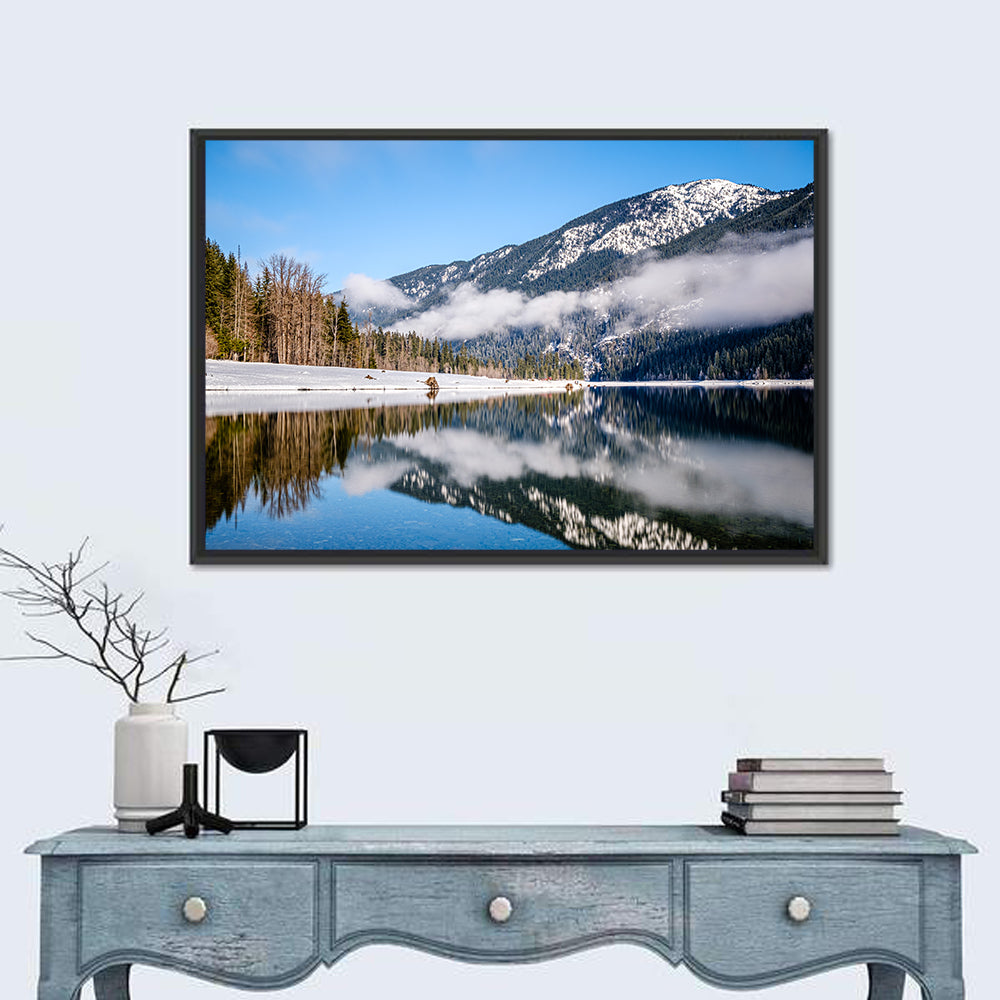 Snow-capped Kachess Lake Reflection Wall Art in a room, landscape