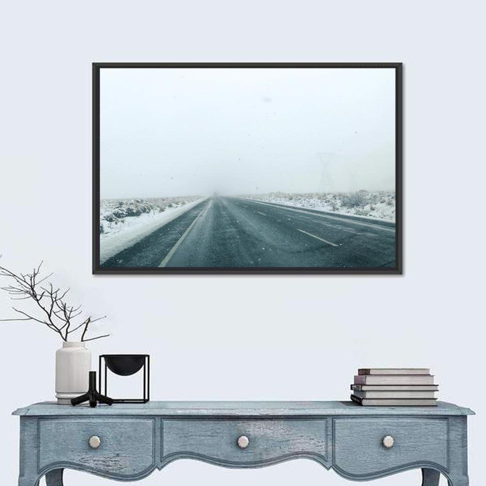 Foggy Winter Mountain Road Wall Art in a room, landscape