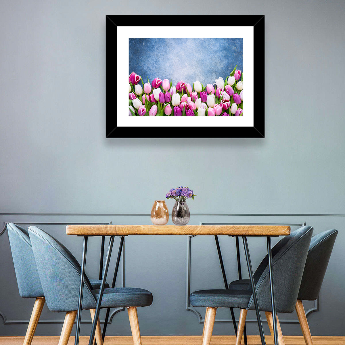 Tulips on Textured Blue Wall Art
