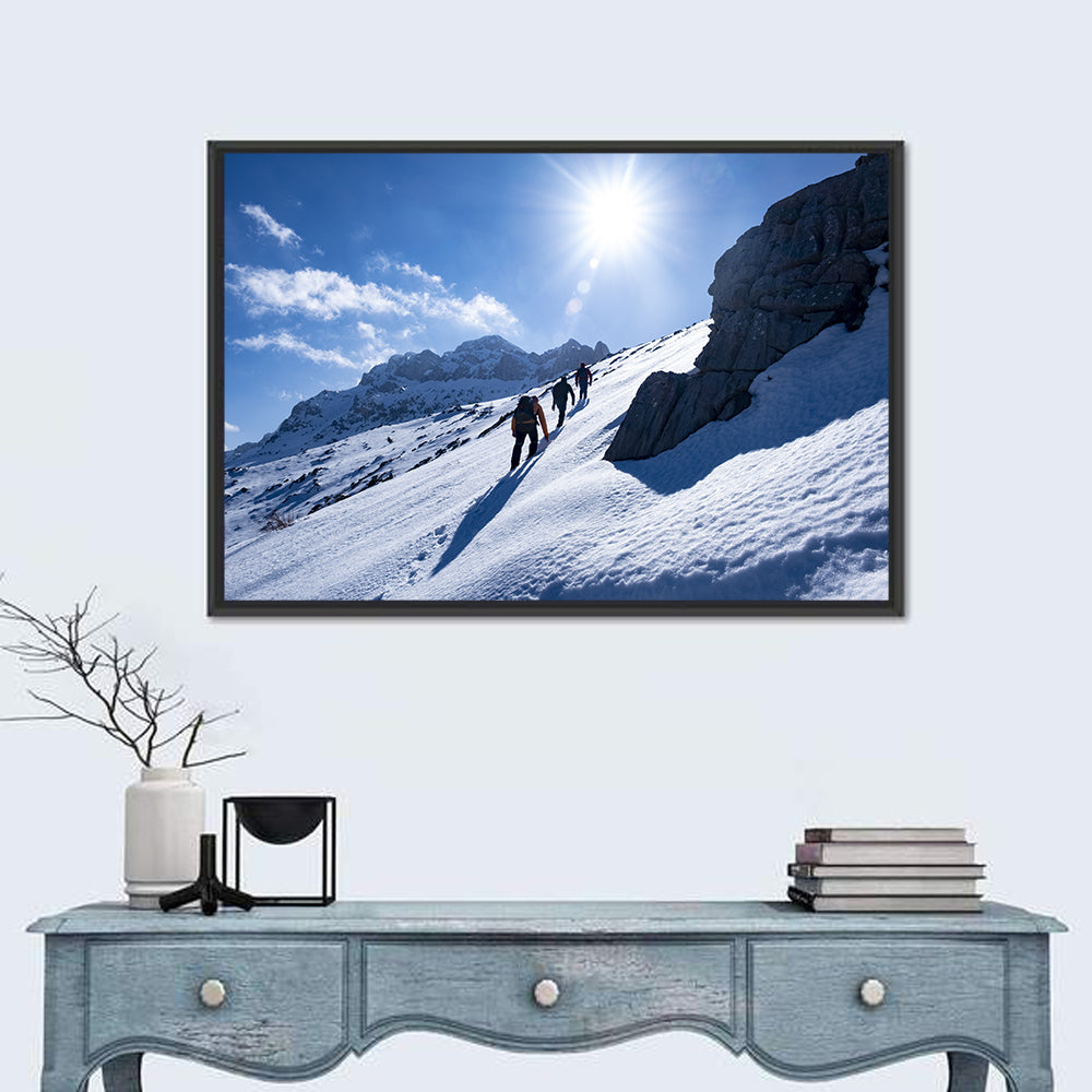Ascending Mountaineers on Snowy Slope Wall Art in a room, landscape