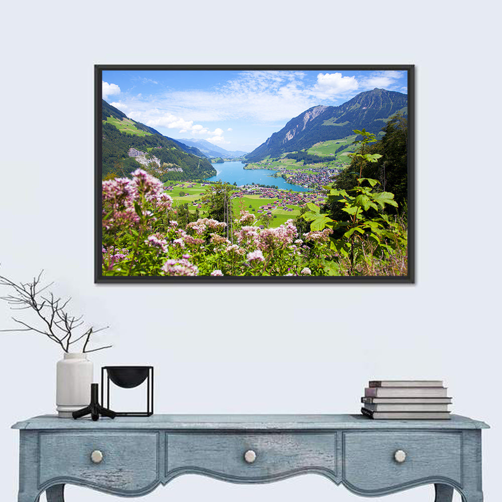 Lungern Village with Wildflowers Wall Art in a room, landscape