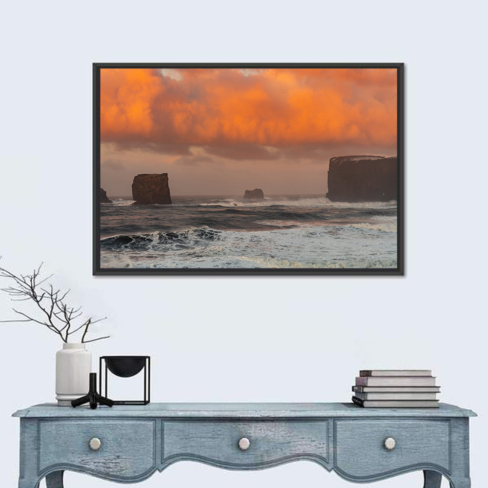 Dyrholaey Sunrise Seascape Wall Art in a room, landscape