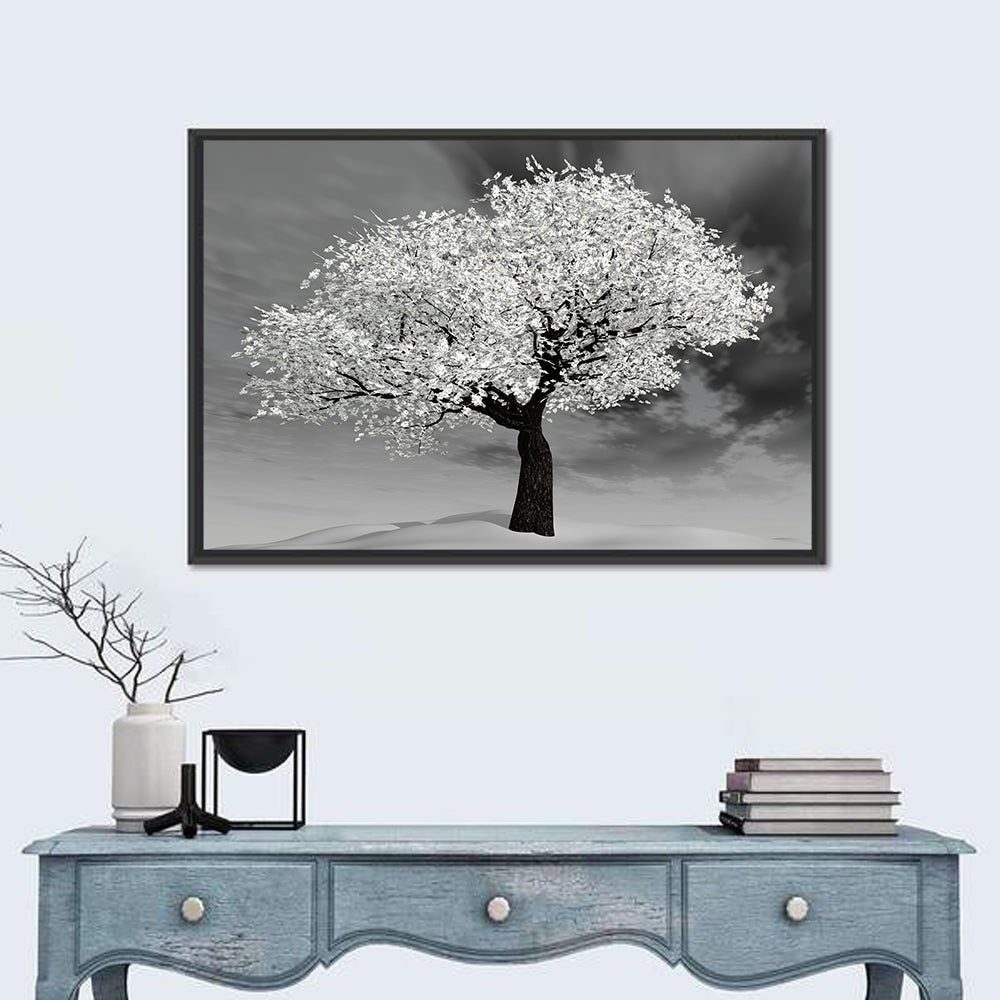 Monochrome Cherry Tree in Winter Wall Art in a room, landscape