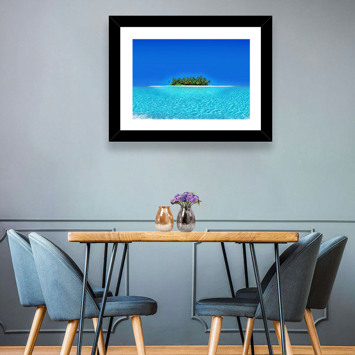 Turquoise Atoll Sandbar with Palm Trees Wall Art in a room, landscape