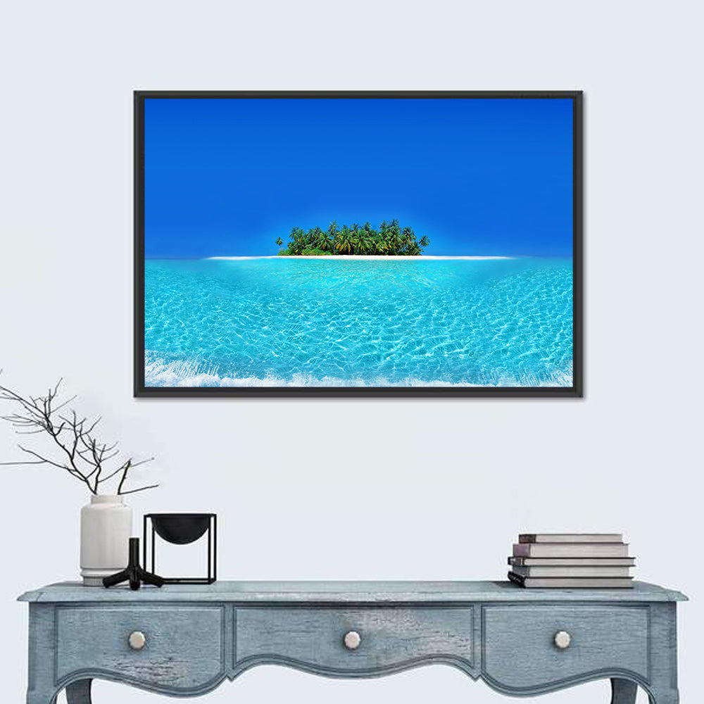 Turquoise Atoll Sandbar with Palm Trees Wall Art in a room, landscape