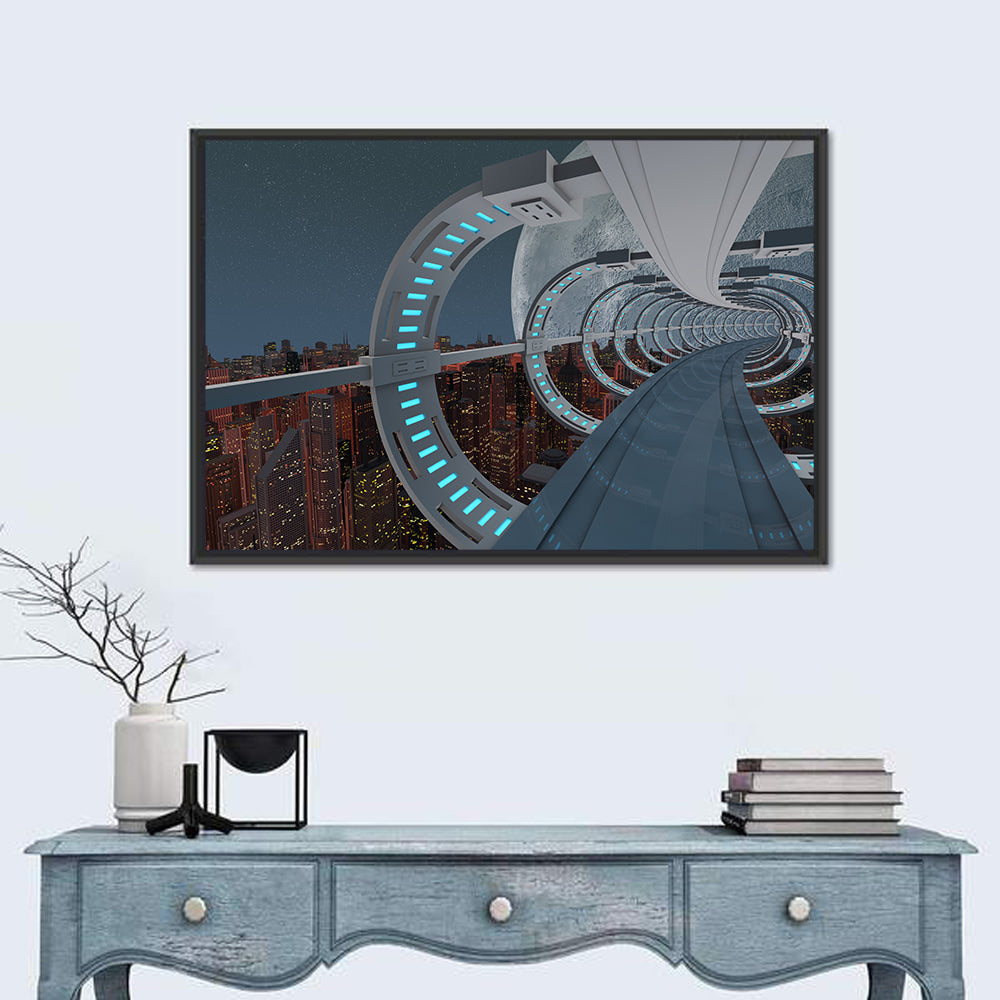 Futuristic City Tunnel with Moon Wall Art in a room, landscape