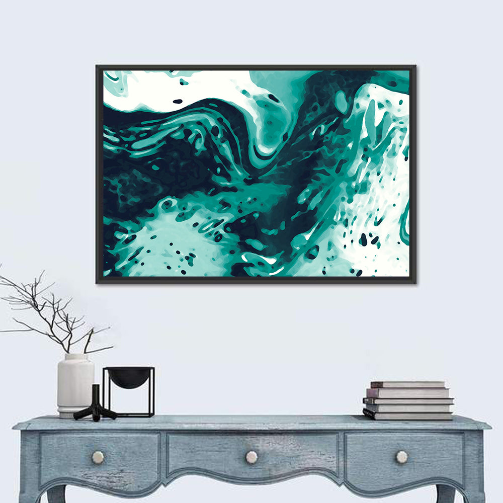 Teal Wave Abstract Wall Art in a room, landscape