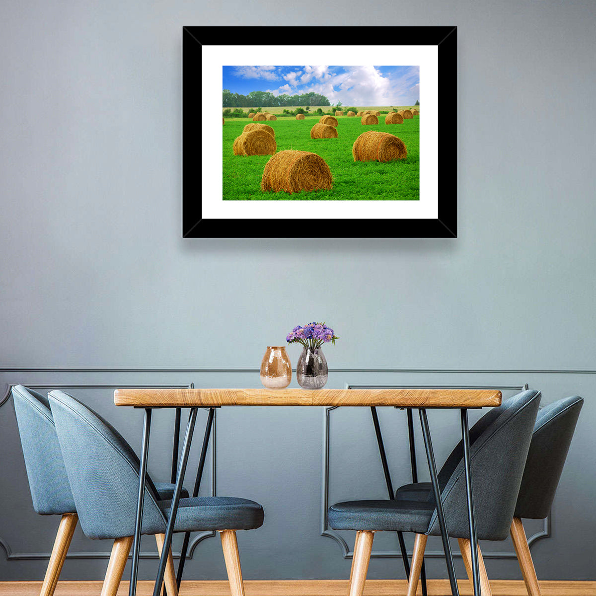 Golden Hay Bales in Green Field Wall Art in a room, landscape