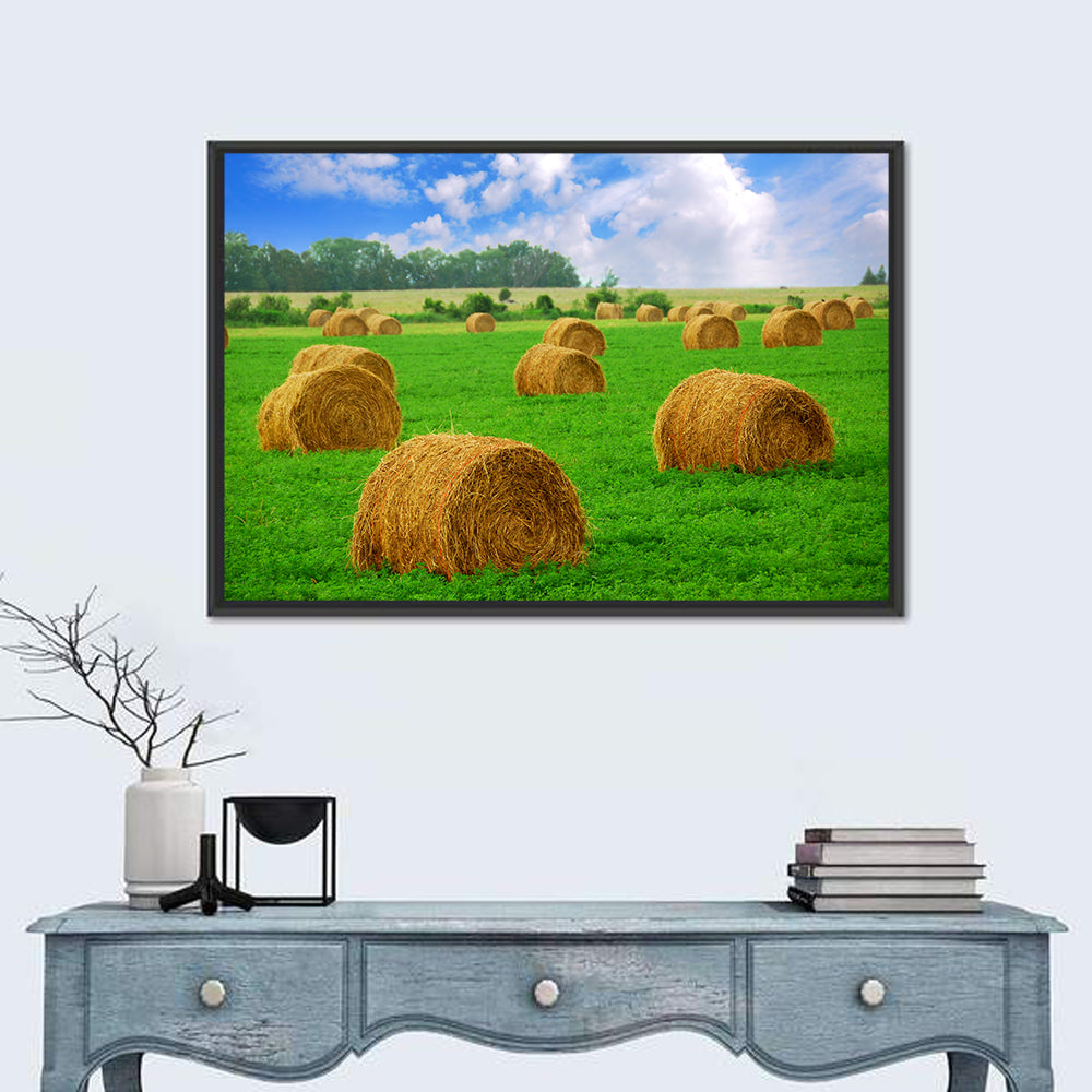 Golden Hay Bales in Green Field Wall Art