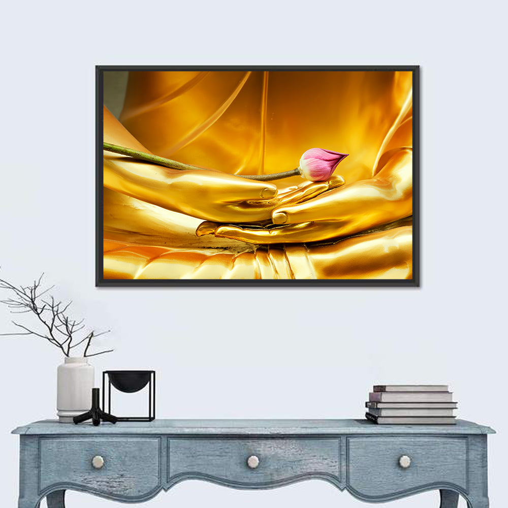 Buddha Hands with Lotus Wall Art in a room, landscape