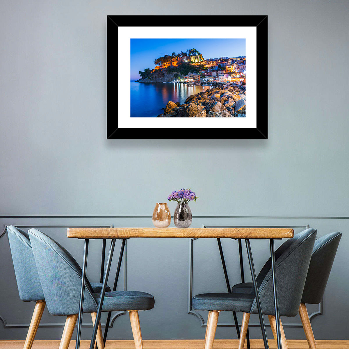 Parga Harbor at Dusk Wall Art in a room, landscape