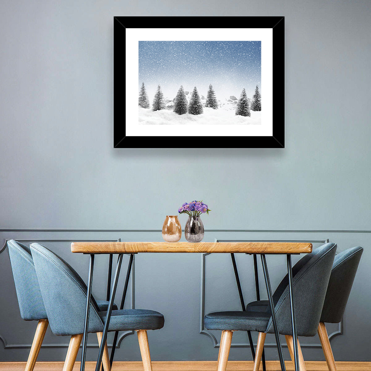 Winter Pine Trees Landscape Wall Art in a room, landscape