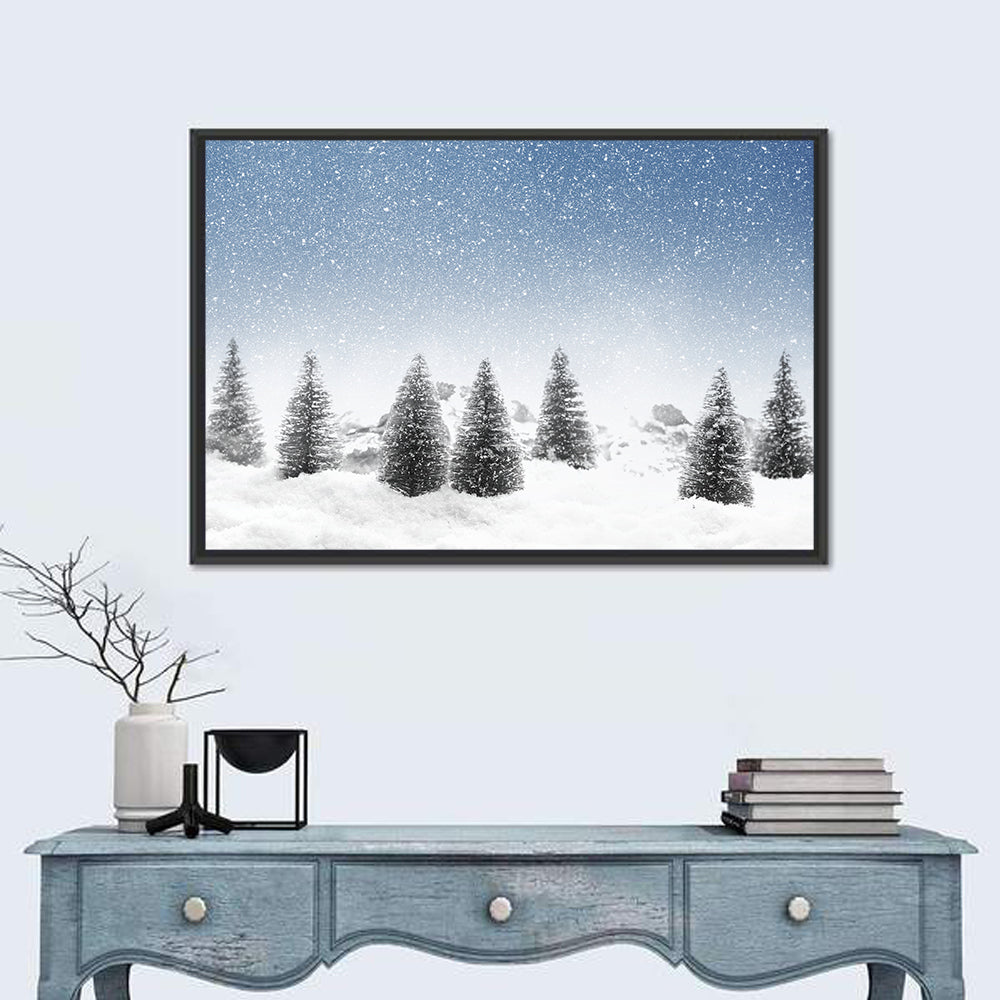 Winter Pine Trees Landscape Wall Art in a room, landscape