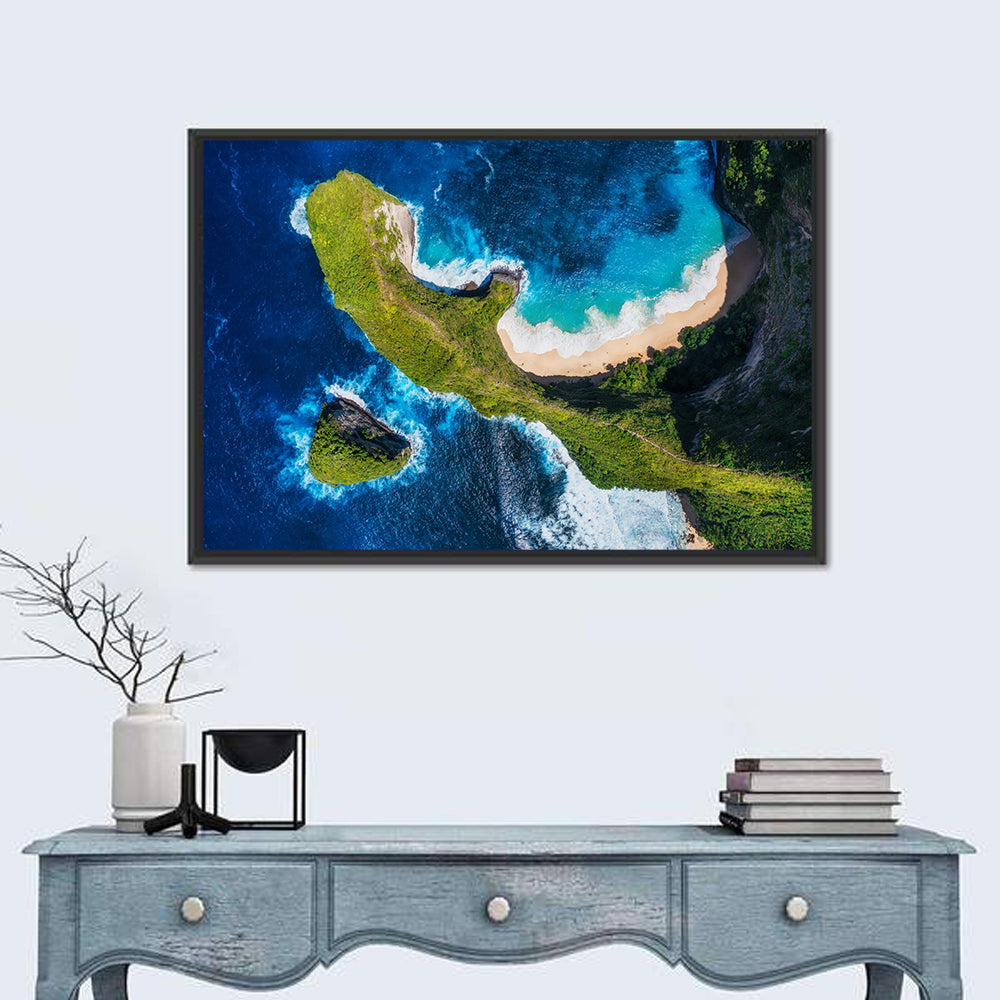 Kelingking Beach Cliffs Wall Art in a room, landscape