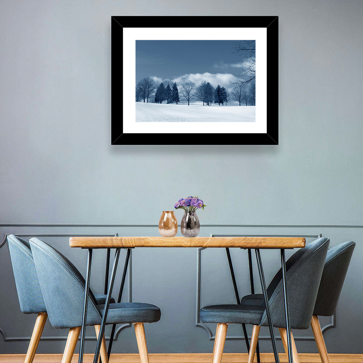 Snowy Field with Tracks Wall Art in a room, landscape