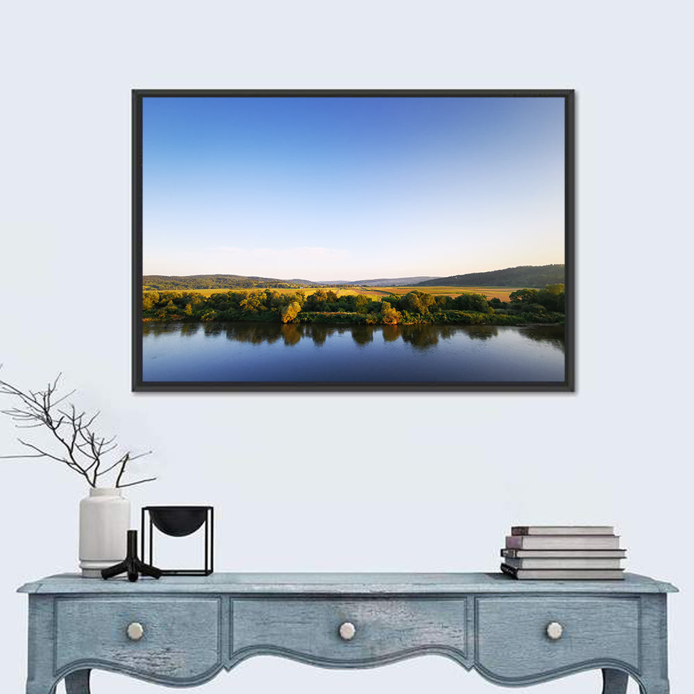 Peaceful River Sunset Wall Art in a room, landscape