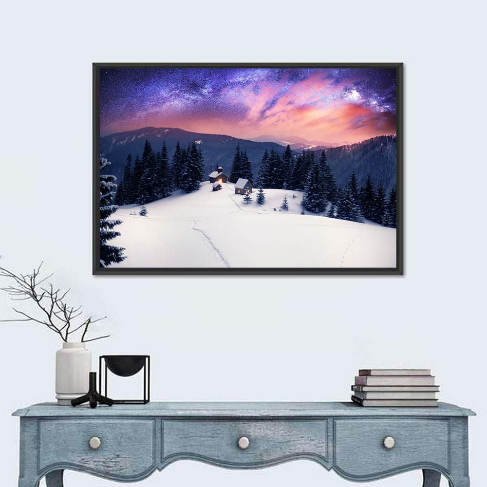 Starry Winter Cabins Under the Milky Way Wall Art in a room, landscape