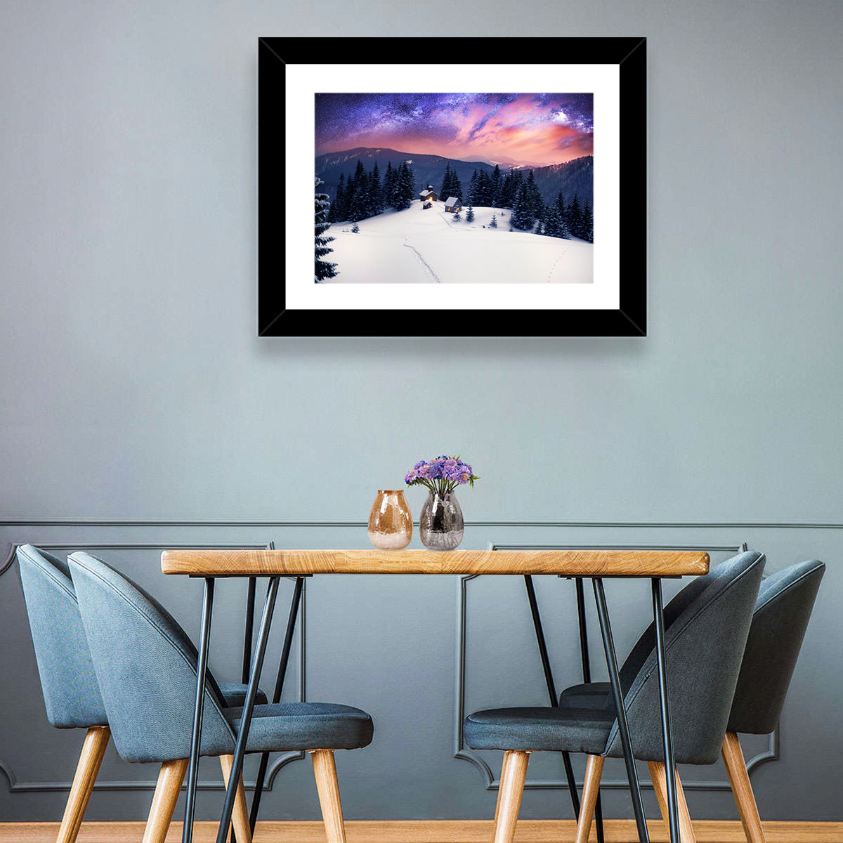 Starry Winter Cabins Under the Milky Way Wall Art in a room, landscape