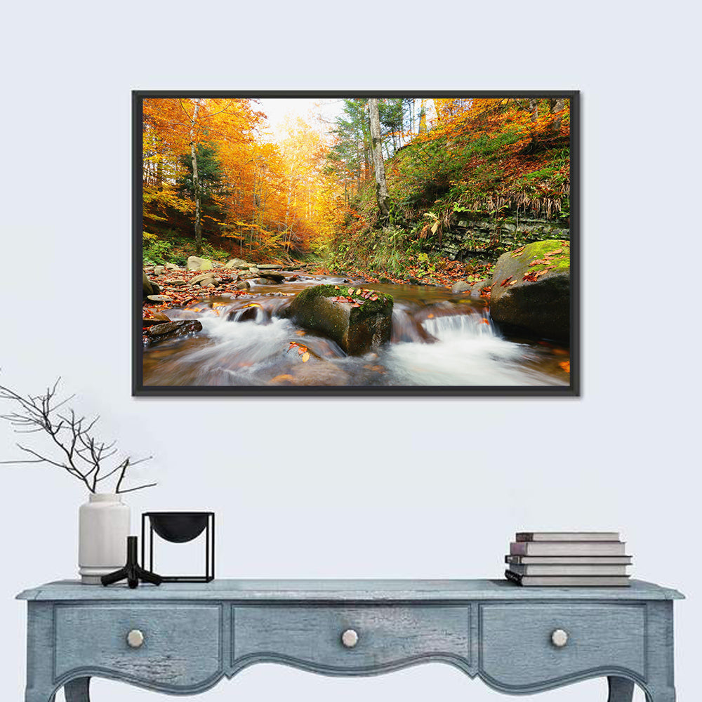 Forest Stream in Autumn Wall Art in a room, landscape