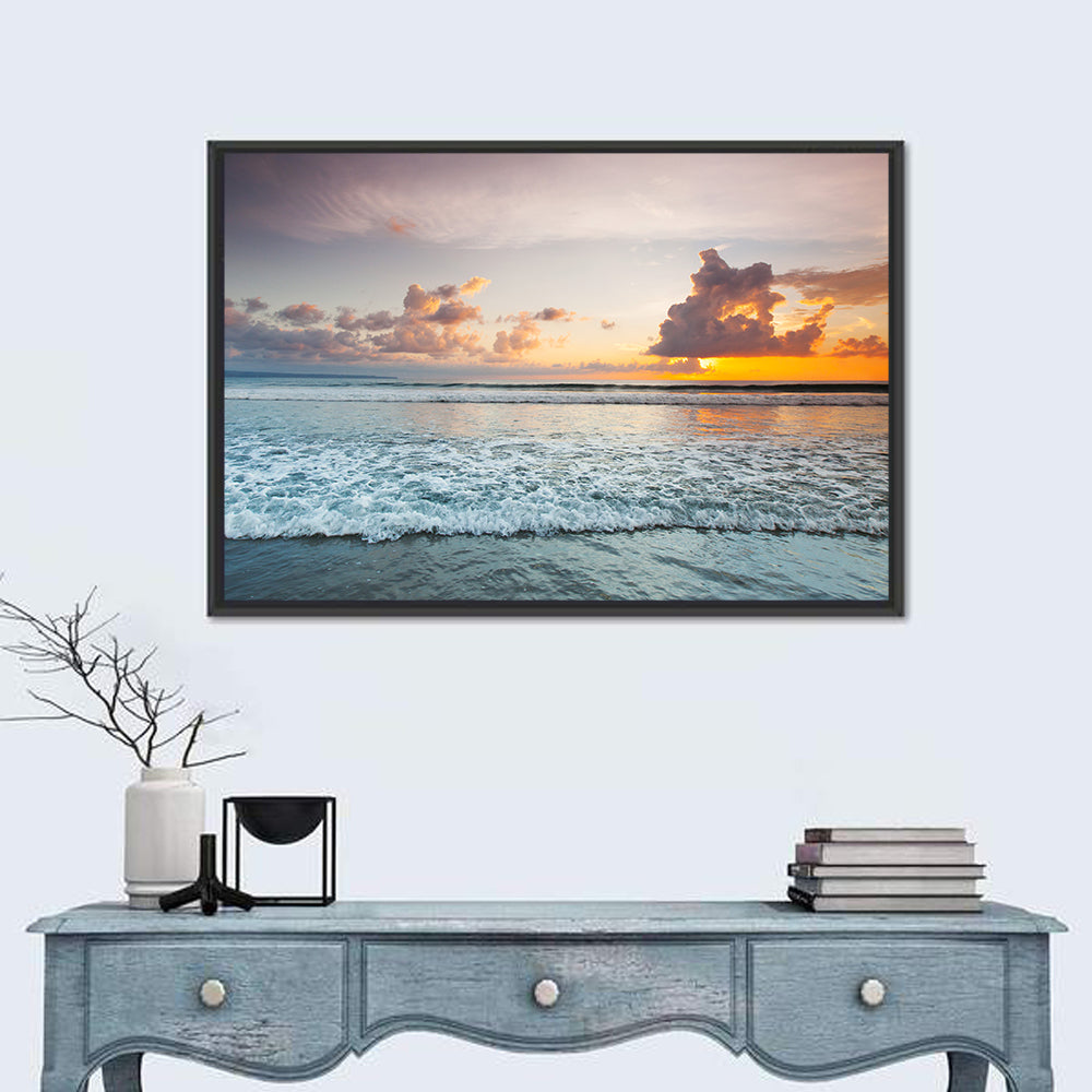 Golden Hour Beach Sunset Surf Wall Art in a room, landscape