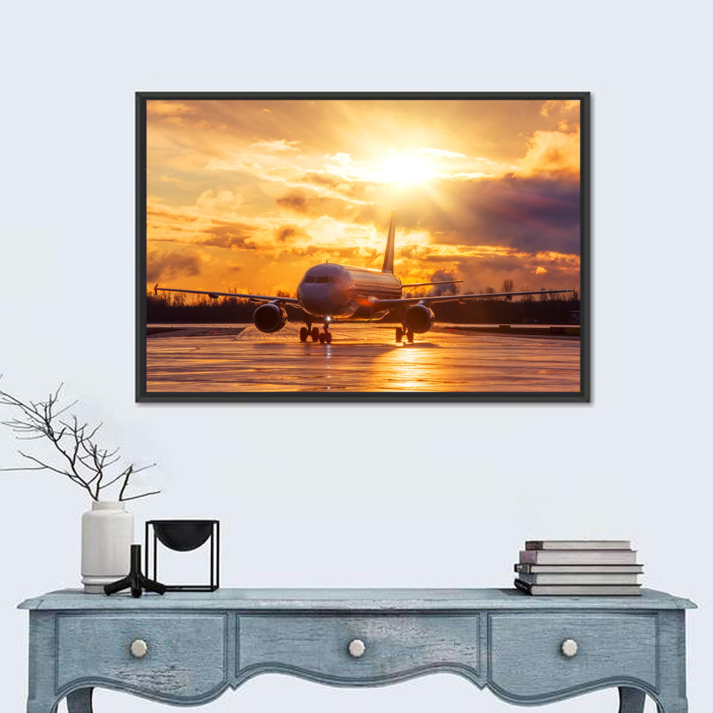 Golden Hour Airliner on Wet Runway Wall Art in a room, landscape