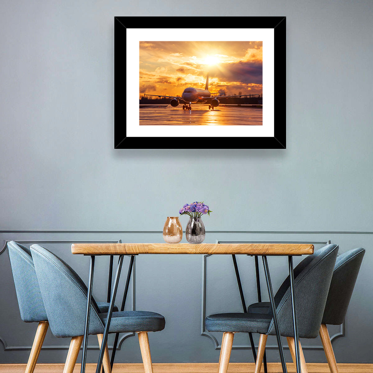Golden Hour Airliner on Wet Runway Wall Art in a room, landscape