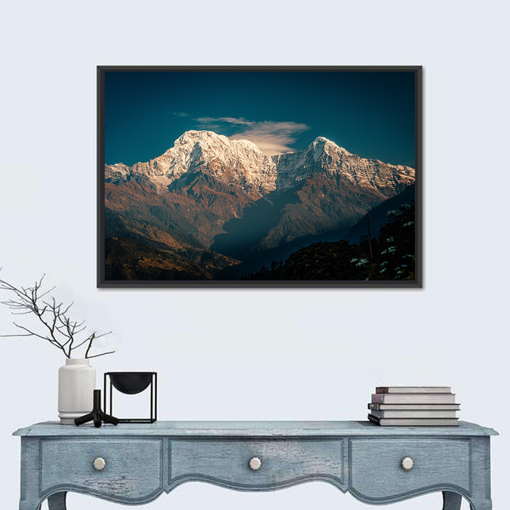 Annapurna South Summit with Wispy Clouds Wall Art in a room, landscape