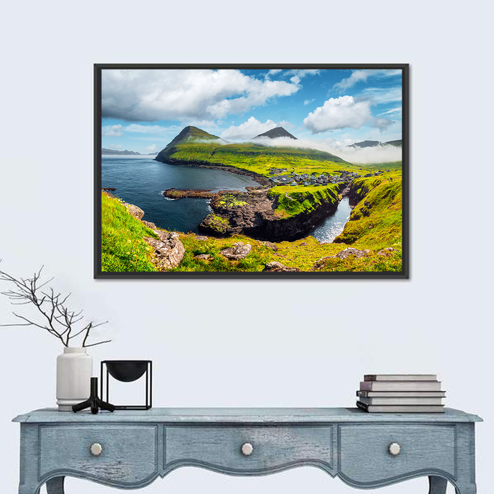 Gjógv Harbor Coastal Village Wall Art in a room, landscape