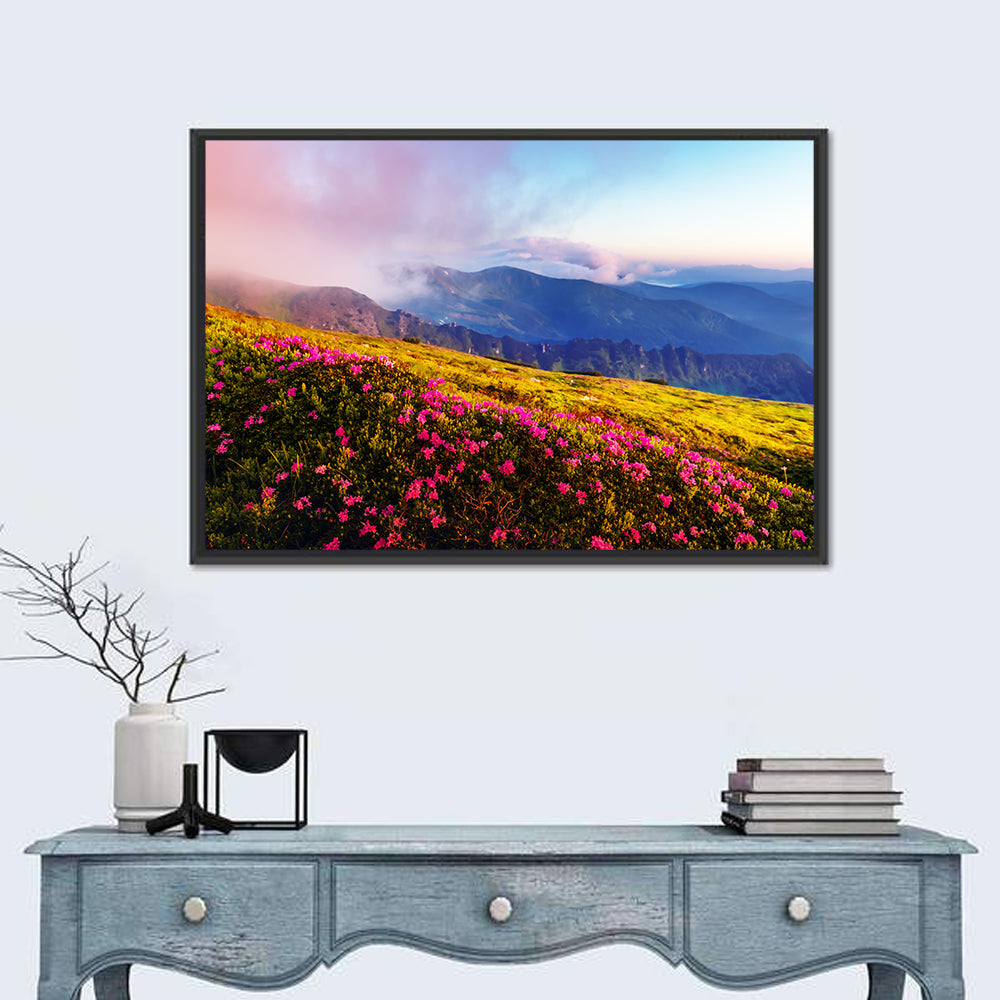 Alpine Rhododendron Meadow at Golden Hour Wall Art in a room, landscape