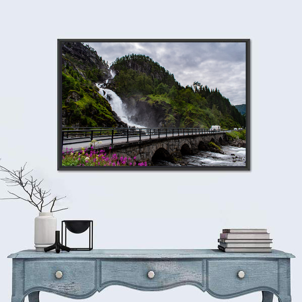 Låtefossen Stone Bridge and Waterfall Wall Art in a room, landscape