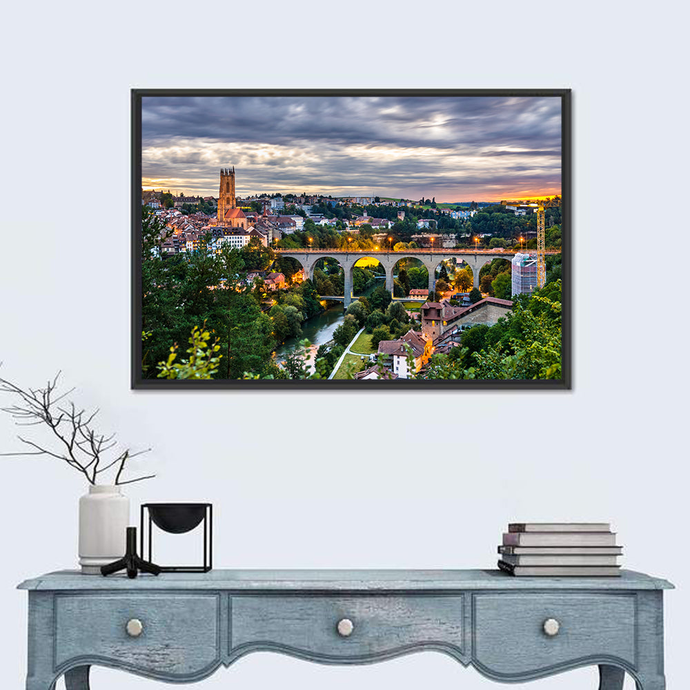 Zähringen Bridge at Twilight, Fribourg Wall Art in a room, landscape
