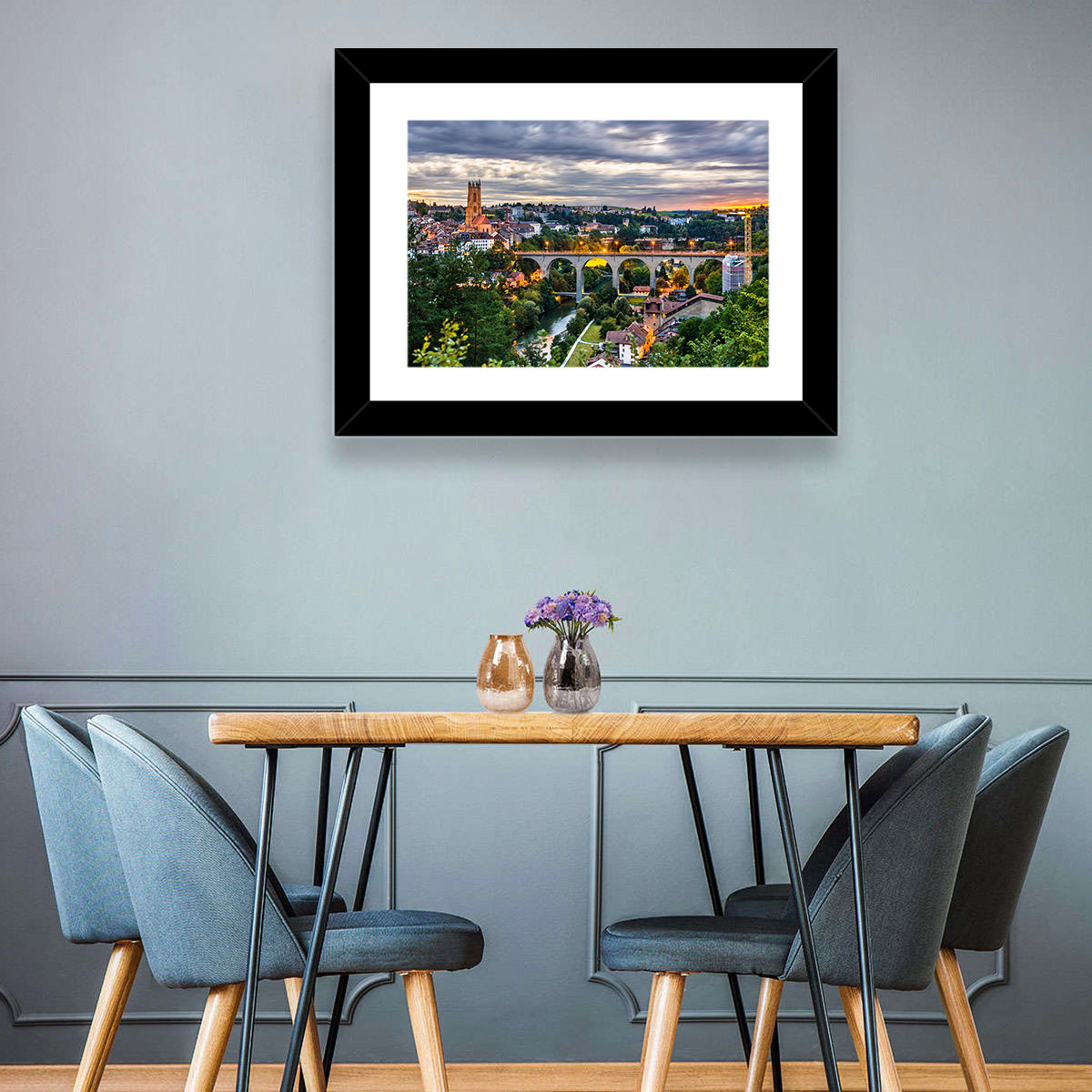 Zähringen Bridge at Twilight, Fribourg Wall Art in a room, landscape