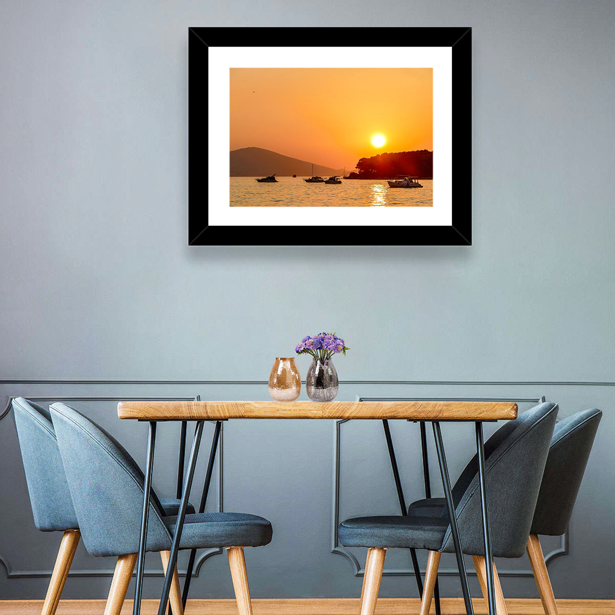 Golden Harbor Sunset Wall Art in a room, landscape