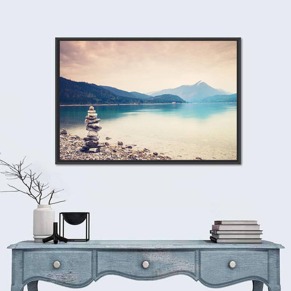 Stone Cairn by a Mountain Lake Wall Art