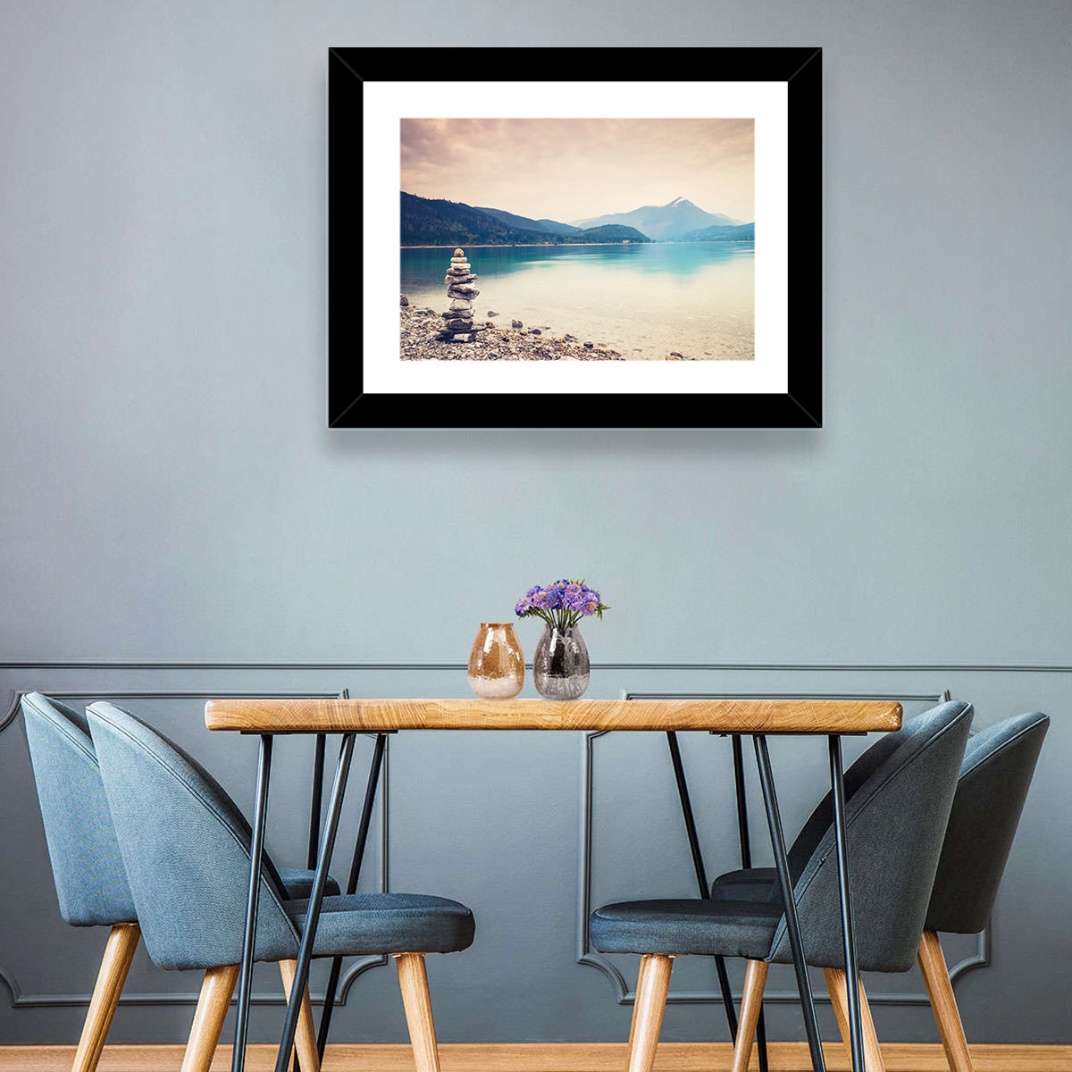 Stone Cairn by a Mountain Lake Wall Art in a room, landscape